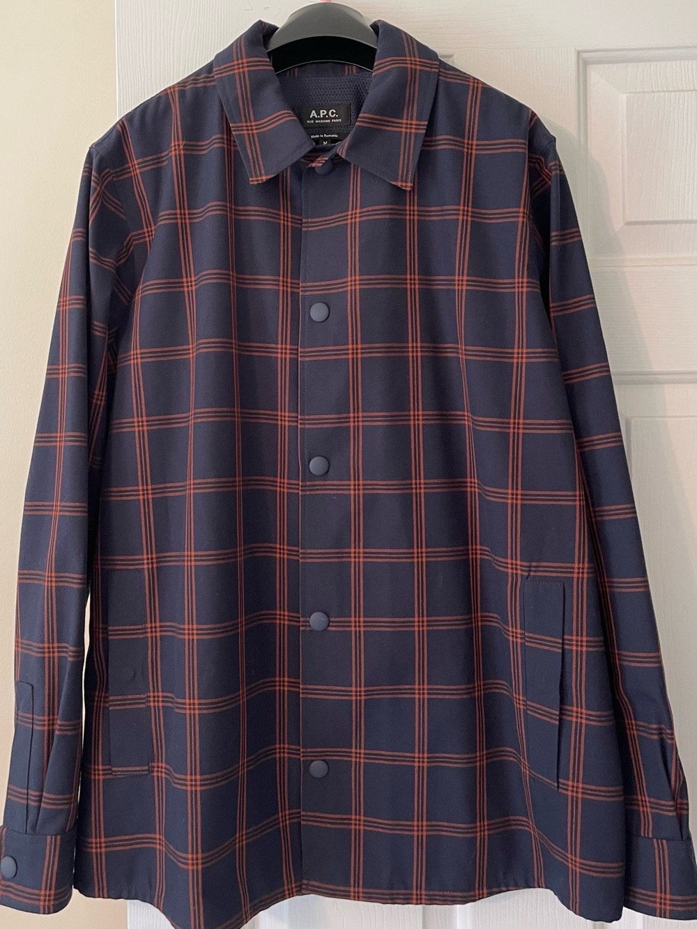 A.P.C. Navy Button-Front Shirt Jacket with Red Plaid